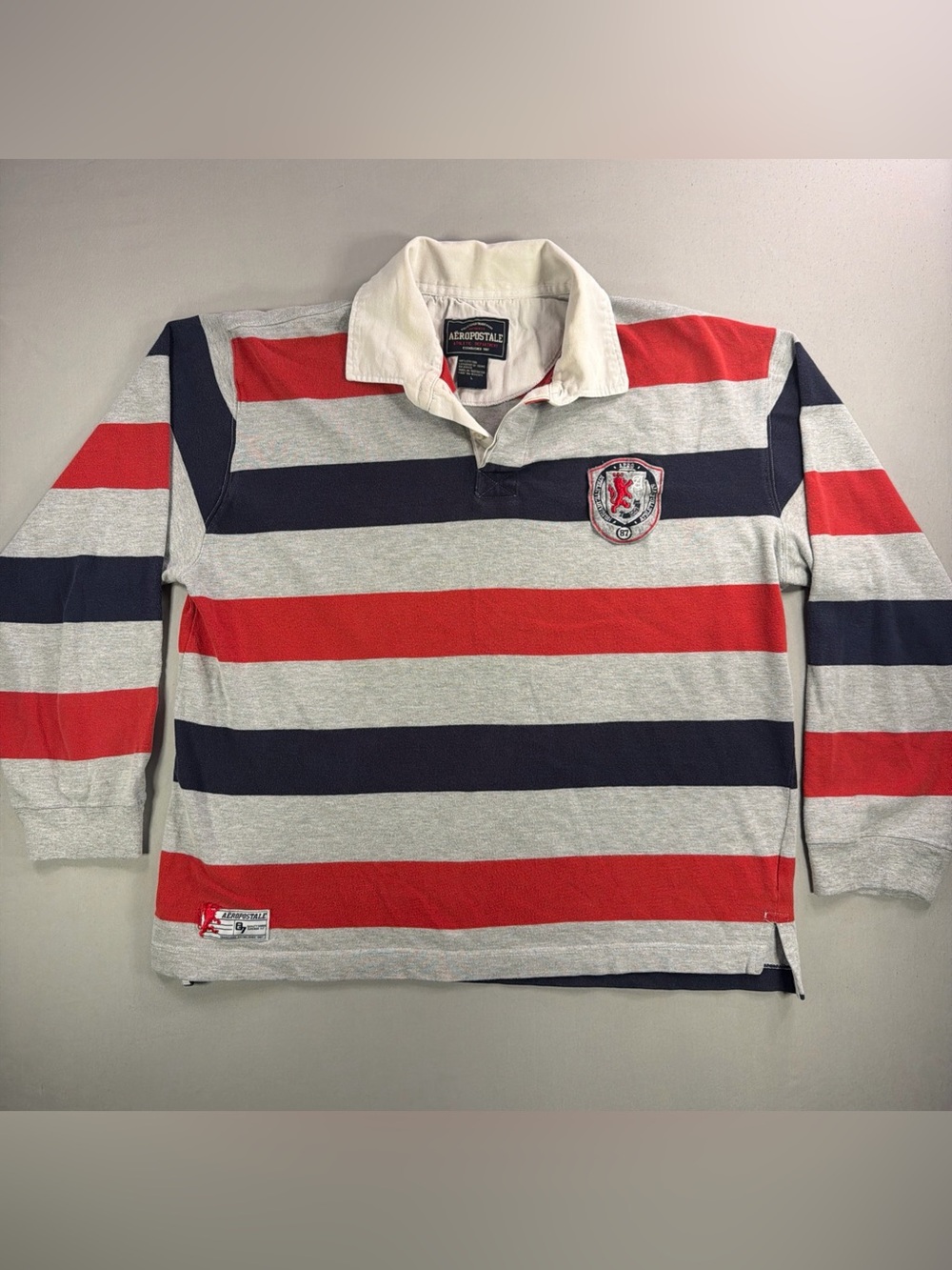 Vintage Aeropostale Red Navy Gray Striped Long Sleeve Rugby Shirt